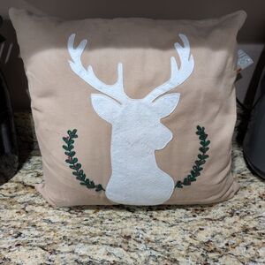 Festive Tan Deer Pillow with White Silhouette